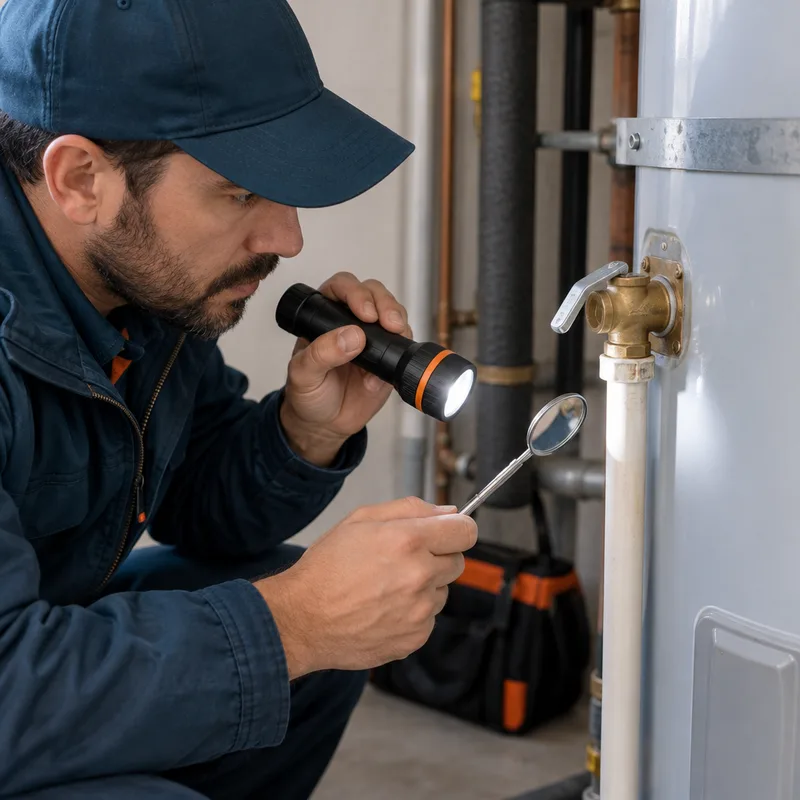 Technician checking a water heater TPR valve and discharge pipe with a flashlight and inspection mirror