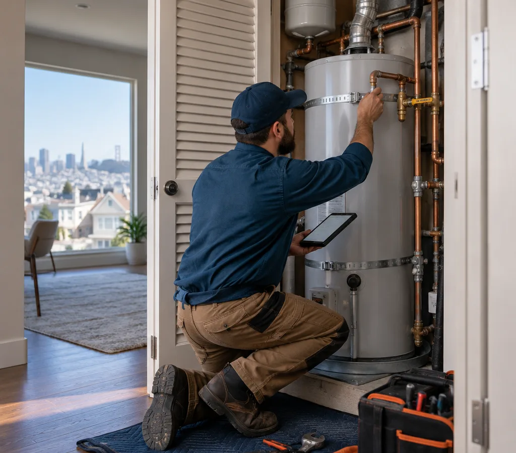 Technician inspecting a residential water heater in a San Francisco utility closet with tools, supply lines, and shutoff valve visible