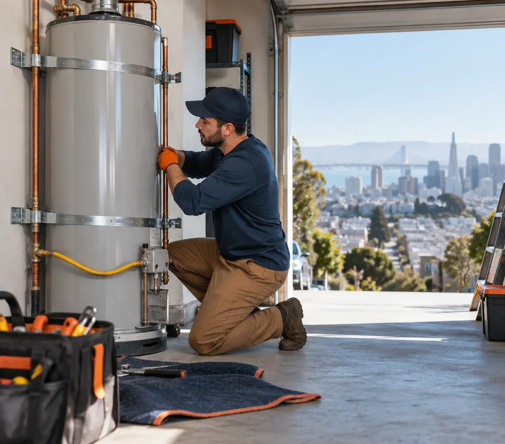 Technician installing a new tank water heater in a San Francisco utility space with earthquake straps and copper connections visible