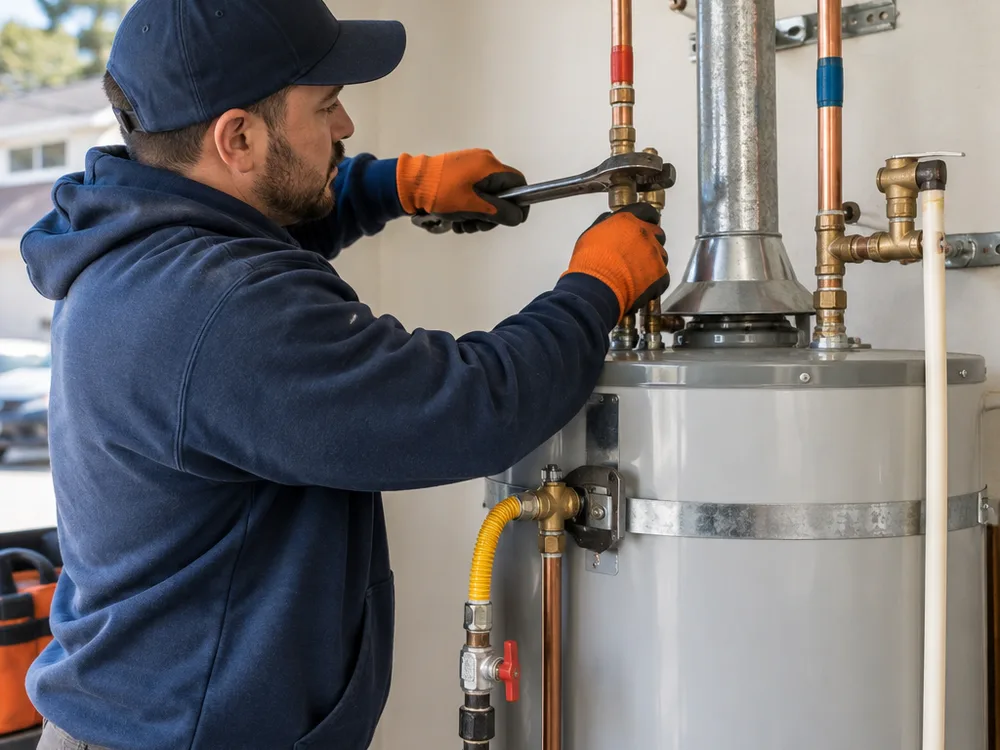 Water heater piping with hot and cold lines, gas shutoff, sediment trap and correctly routed relief line