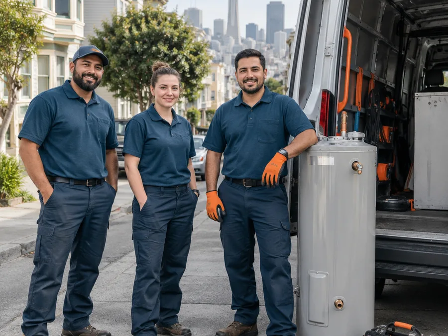 Uniformed technicians beside a service van with water heater equipment on a residential San Francisco street